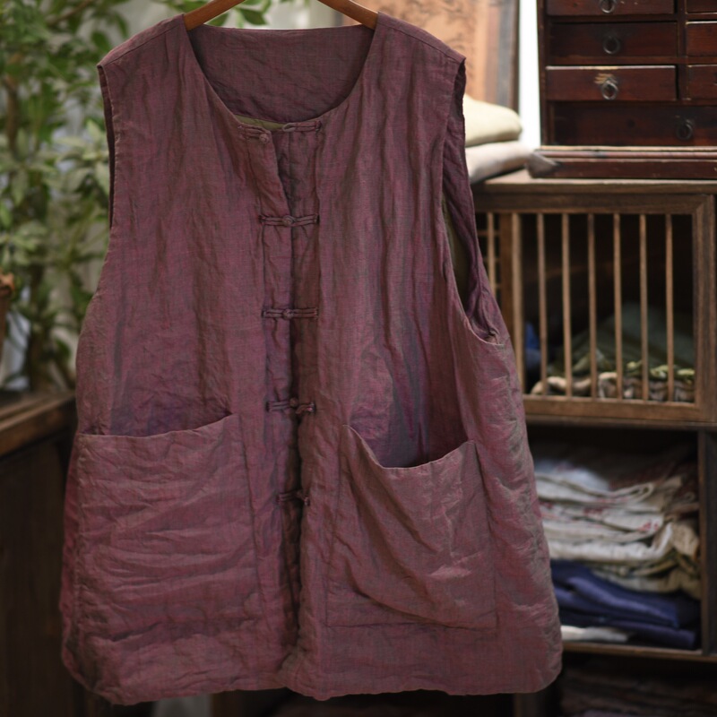 Sn258 Yarn-Dyed Linen Chinese-Style Buttoned Double-Layer Quilted Mid-Length Cotton Vest for Women, Sleeveless Waistcoat Jacket Sn258 Yarn-Dyed Linen Chinese-Style Buttoned Double-Layer Quilted Mid-Length Cotton Vest for Women, Sleeveless Waistcoat Jacket