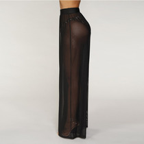 Outside wearing ultra-thin wide leg pants walking light reveals high waist mesh yarn sexy perspective wide-legged pants ladies anti-mosquito pants lengthened