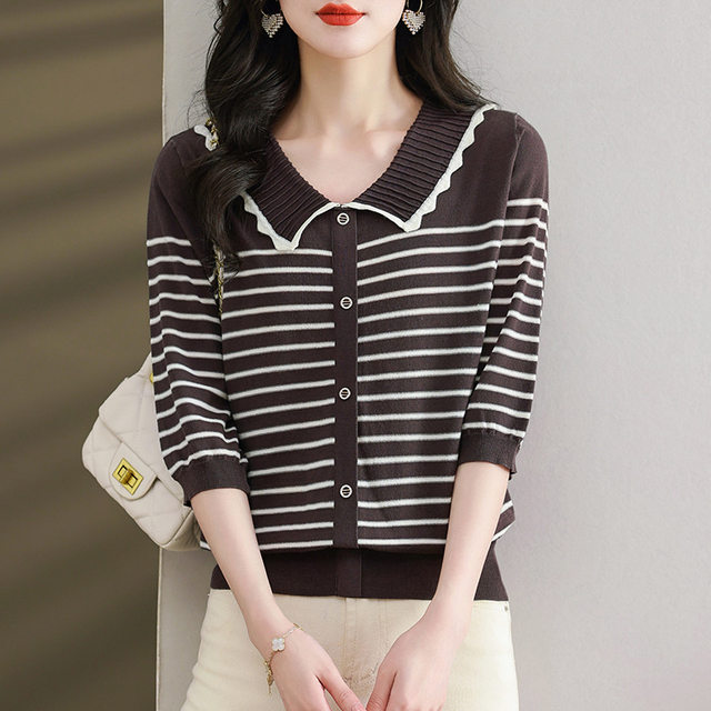 Baby doll collar top three-quarter sleeve sweater women's t-shirt women's 2024 new style striped bottoming shirt spring and summer
