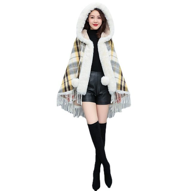 ເສື້ອຍືດ poncho plaid ສໍາລັບແມ່ຍິງ 2022 ດູໃບໄມ້ລົ່ນແລະລະດູຫນາວແບບໃຫມ່ hooded velvet ຫນາແຫນ້ນ shawl woolen coat