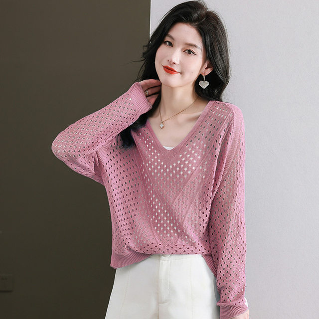 blouse sweater knitted ເປັນຮູສໍາລັບແມ່ຍິງພາກຮຽນ spring ແລະ summer 2024 ຮູບແບບໃຫມ່ lazy style bottoming sunscreen ຜ້າໄຫມກ້ອນເທິງສໍາລັບແມ່ຍິງ summer