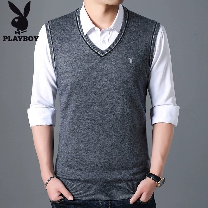 Playboy nam trung niên và cao tuổi nam len rắn màu V-cổ áo len không tay áo ghi lê vest vest - Áo vest cotton