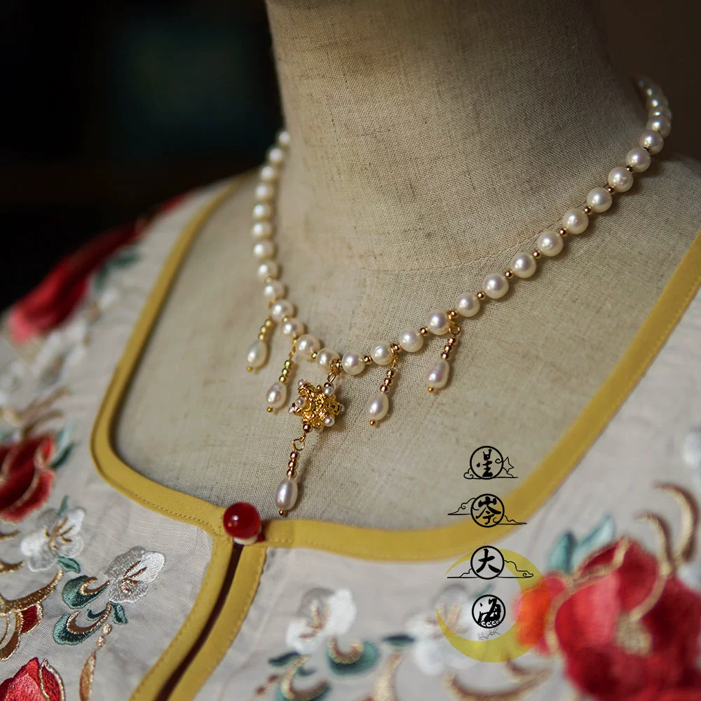 Ngọc trai tự nhiên Tang Feng Yingluo Changan mười hai giờ Yunxiu với vòng cổ, đồ trang trí tóc phong phú Hanfu Tân cổ áo - Phụ kiện tóc