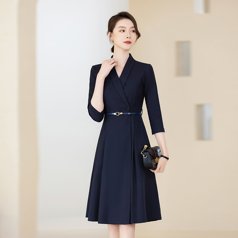 Navy Blue Suit Professional Dress for Women, Spring and Summer, Three-Quarter Sleeves, Waist-Cinching, Sales Department, Teacher Interview, Commuting Workwear Navy Blue Suit Professional Dress for Women, Spring and Summer, Three-Quarter Sleeves, Waist-Cinching, Sales Department, Teacher Interview, Commuting Workwear