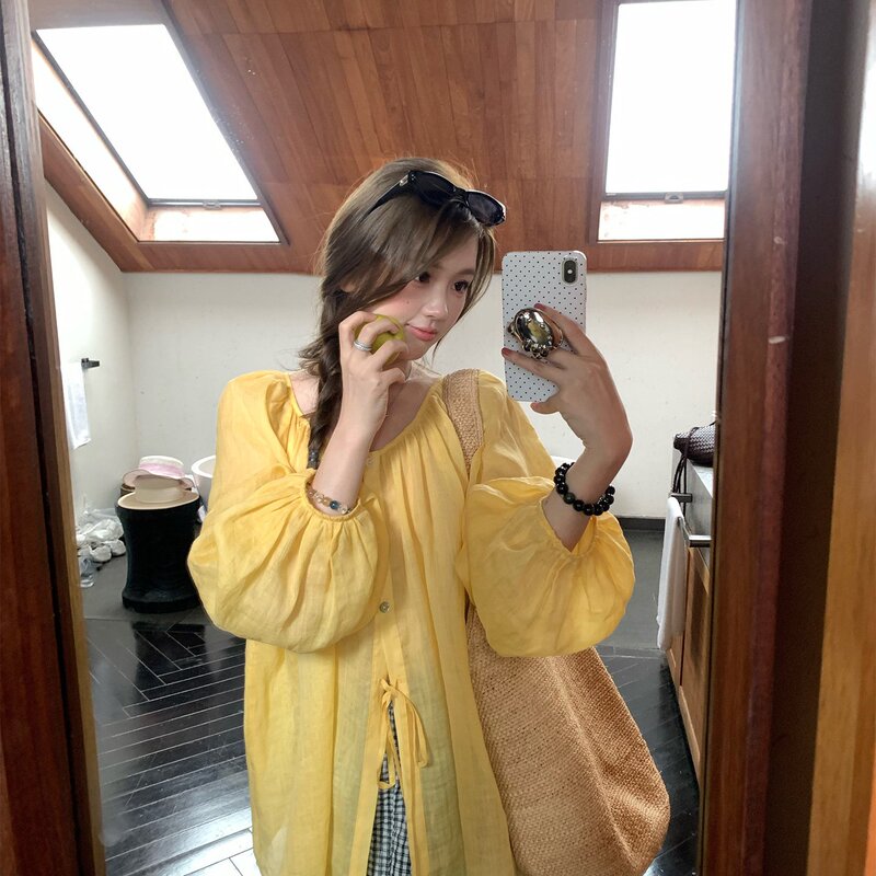 Breathable Sun-Protective Ramie Tie-Up Shirt for Women, Summer Reversible Tencel Lantern Sleeve Sun-Protective Top