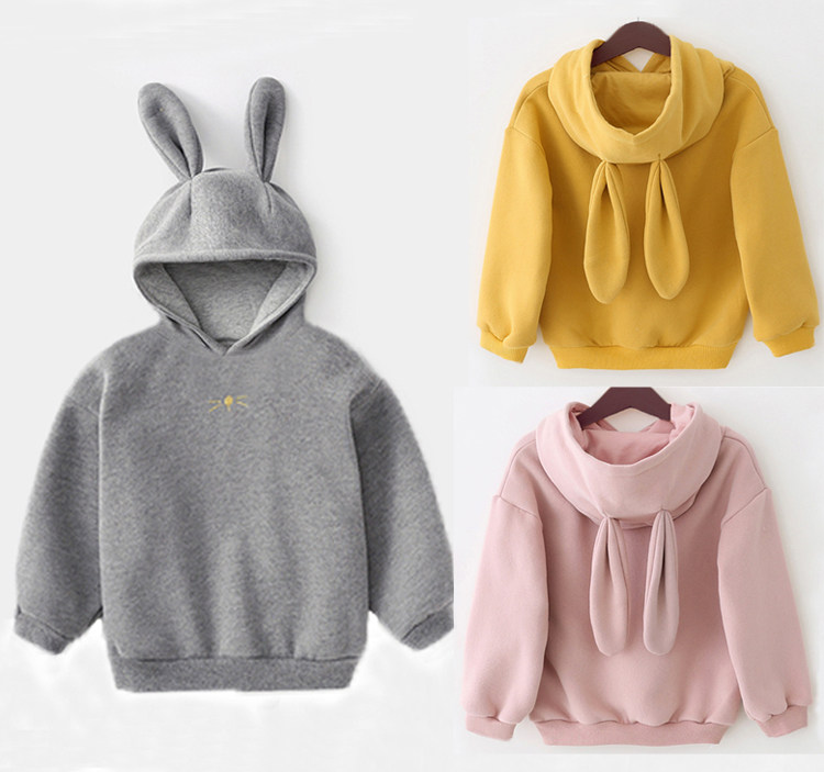 2-7 years old new boys and girls autumn and winter baby rabbit ears plus fleece hooded sweatshirt thin fleece top casual fleece shirt