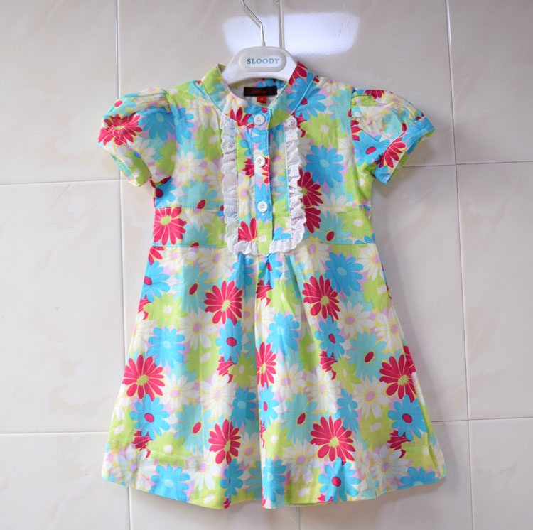 85-110 wearing foreign trade children clothes girl pure cotton flowers small stand-up collar lace with high waist even body dress princess dresses summer style