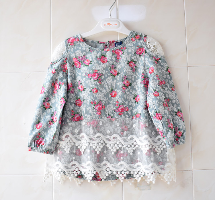 90-120 foreign trade children's clothing girls cotton flower printing long-sleeved shirt dress shirt princess dress spring and autumn