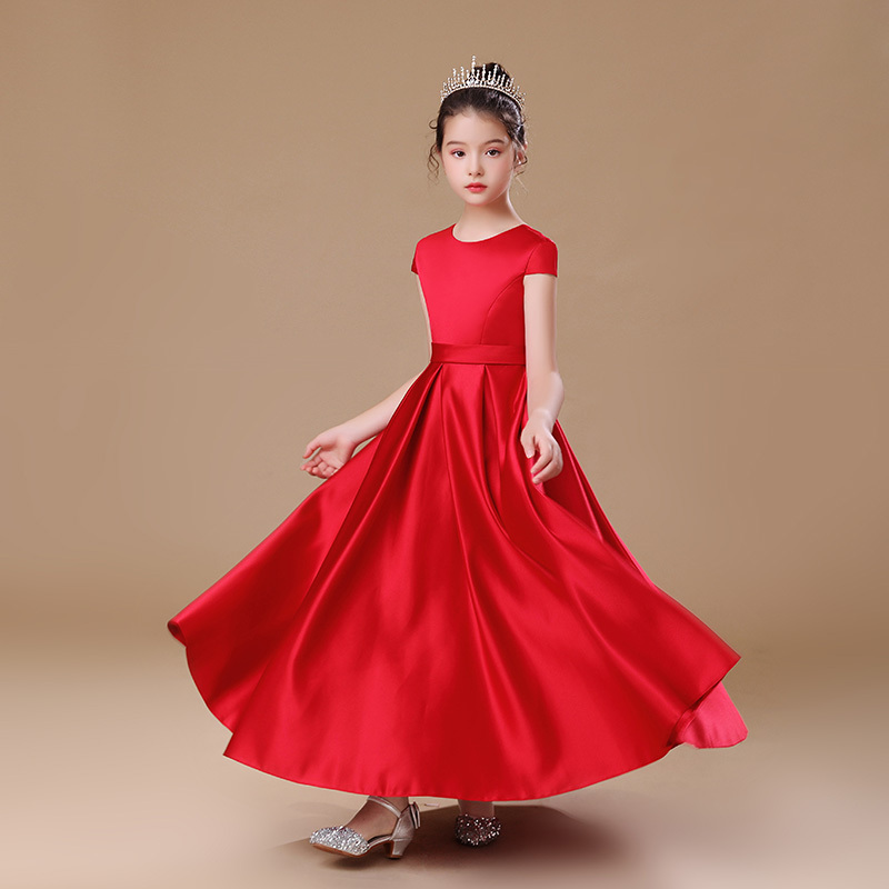 Girls' Orchestra Burgundy Satin Dress, Primary and Secondary School Students' Choir Performance Costume, Simple Stage Outfit, Long Style, Spring