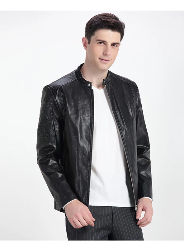 Áo khoác nam màu đỏ đậu nam Mùa xuân kinh doanh Casual Faux Leather Stand Cổ áo Khí chất nam tính Áo khoác nam 029S áo khoác nam trung niên