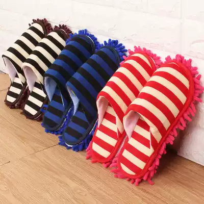 Autumn and winter thickened floor wiping slippers Striped removable and washable home cleaning slippers Mute floor lazy mopping slippers cover