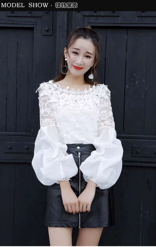 Đặc biệt hàng ngày mùa xuân và mùa thu trang trí của phụ nữ cơ thể rò rỉ vai từ cổ áo phồng tay áo sơ mi trắng ren voan áo dài tay
