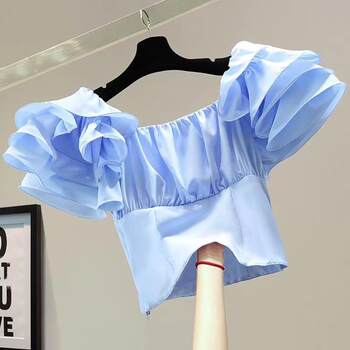 ເກົາຫຼີໃຕ້ dongdaemun top summer new sweet temperament solid color square neck pleated short slim short sleeve shirt for women