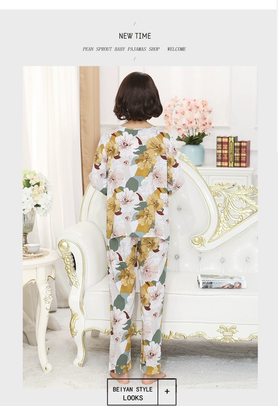 Bộ đồ ngủ phụ nữ mùa xuân và mùa thu mẹ trung niên cotton lụa dài tay lụa tơ tằm rayon cỡ lớn cotton lụa phục vụ nhà phù hợp với mùa hè - Cha mẹ và con