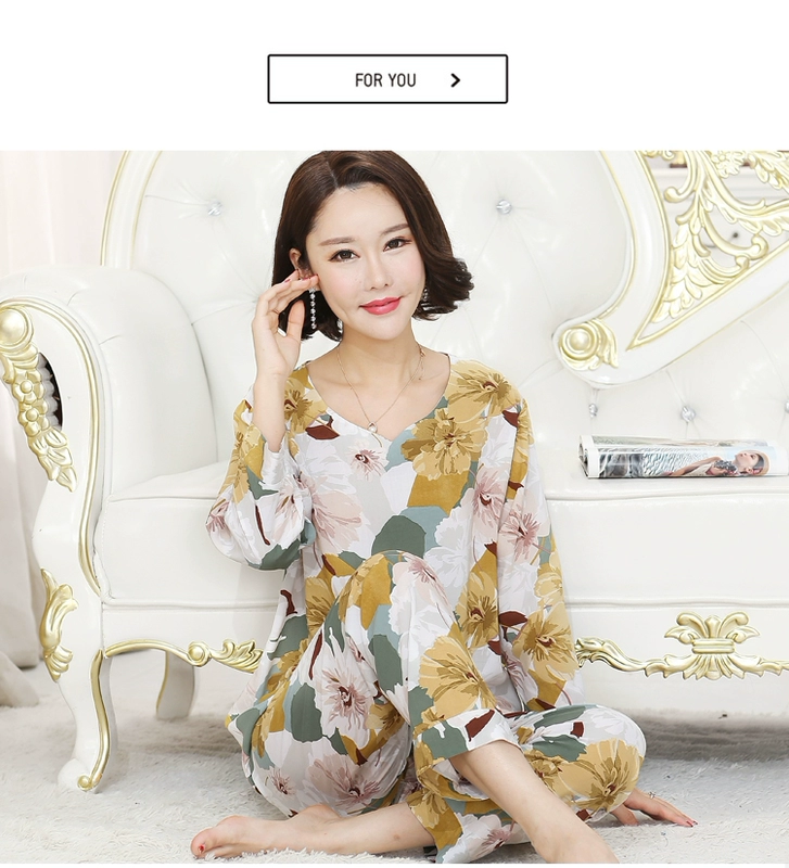 Bộ đồ ngủ phụ nữ mùa xuân và mùa thu mẹ trung niên cotton lụa dài tay lụa tơ tằm rayon cỡ lớn cotton lụa phục vụ nhà phù hợp với mùa hè - Cha mẹ và con