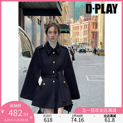 DPLAY Light luxury French Hepburn style classic black lapel A-line poncho coat woolen coat