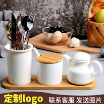 Original multi-functional Japanese-style ceramic double barrel drain chopsticks barrel seasoning jar chopsticks cage vinegar pot oil pot chopsticks barrel