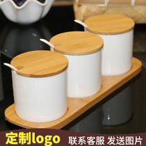Kitchen creative bamboo and wood ceramic seasoning jar three-piece set pepper salt jar monosodium glutamate bottle seasoning box set seasoning bottle jar