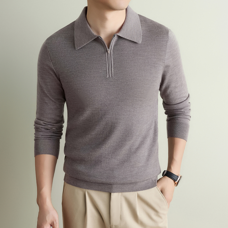 Thin Fine-Spun 100% Merino Wool Sweater for Men with Half-Zip Polo Collar, Autumn and Winter Casual Long-Sleeved Knitted Sweater