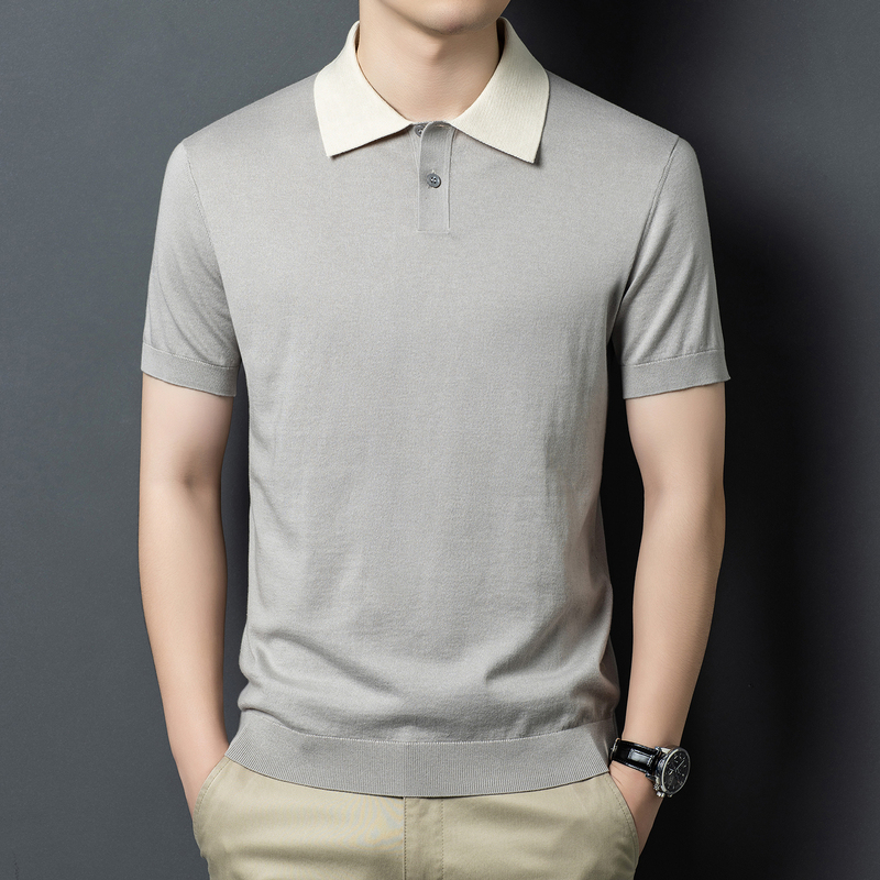 Machine Washable Cotton Cashmere Luxurious 16-Gauge Ultra-Thin Knit Polo Shirt for Men, Short-Sleeved, Soft, Breathable, Color-Blocked Lapel T-Shirt