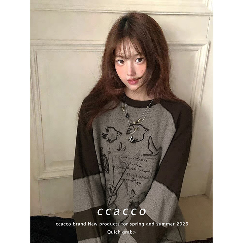 American Retro Color-Block Raglan Long-Sleeve T-Shirt for Women 2026 New Cartoon Print Loose Inner Layer Top American Retro Color-Block Raglan Long-Sleeve T-Shirt for Women 2026 New Cartoon Print Loose Inner Layer Top