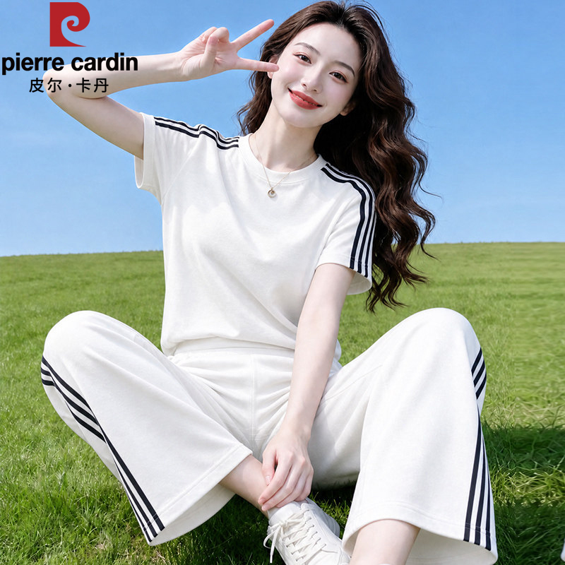Pierre Cardin Pure Cotton Sports Suit for Women Summer 2026 New Fashion Casual Short-Sleeved Wide-Leg Pants Two-Piece Set Pierre Cardin Pure Cotton Sports Suit for Women Summer 2026 New Fashion Casual Short-Sleeved Wide-Leg Pants Two-Piece Set