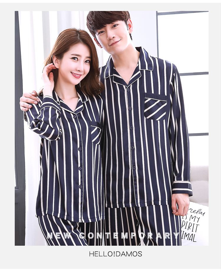 Cặp đôi đồ ngủ nữ mùa xuân và mùa thu mới Hàn Quốc sọc lụa nam dài tay hai mảnh phù hợp với băng lụa đồ bộ thể thao nam
