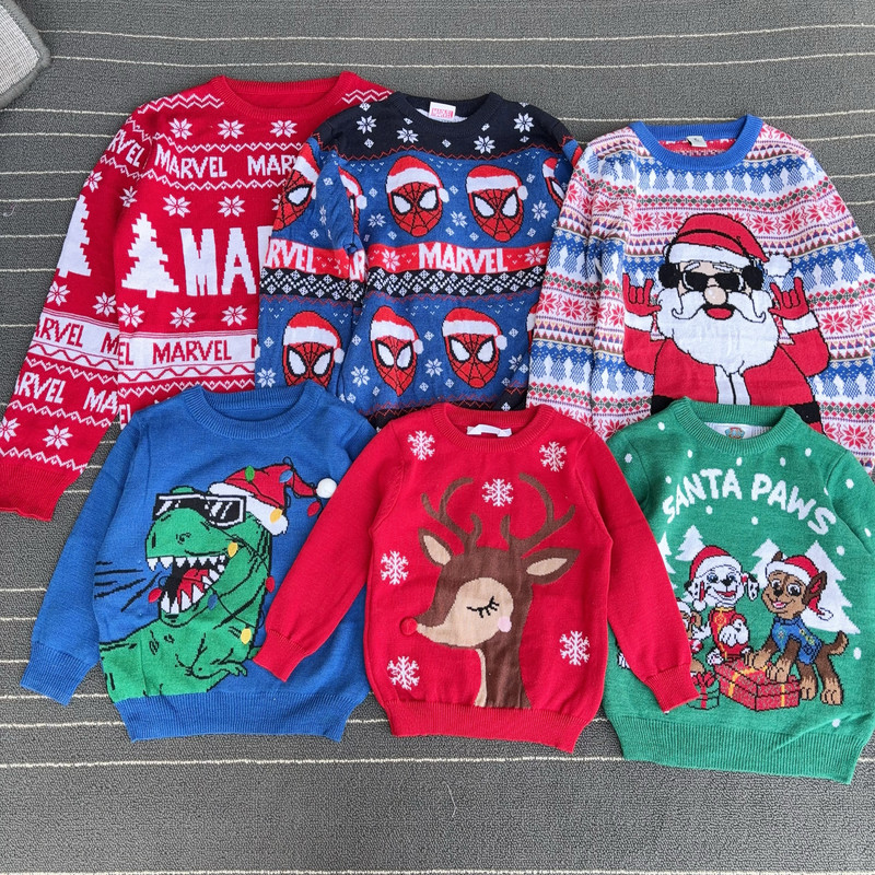90-150 Size Spring, Autumn and Winter Christmas Style Santa Claus Marvel Dinosaur Deer Pullover Knitwear for Boys and Girls