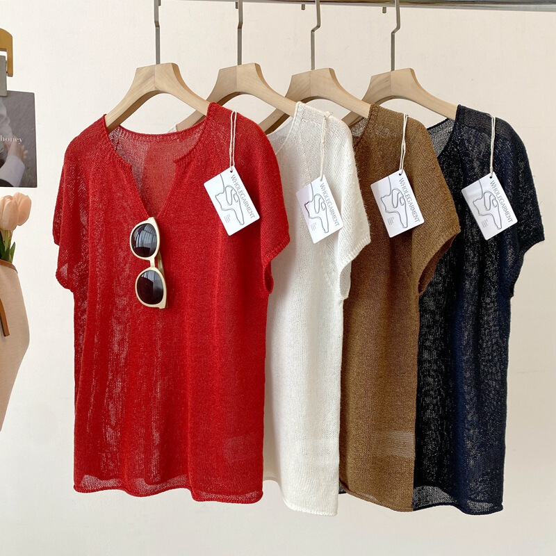 26 New Summer Products Jin Japanese Paper Yarn Scissors V-Neck Short-Sleeved Knitwear Solid Color Korean Style Top