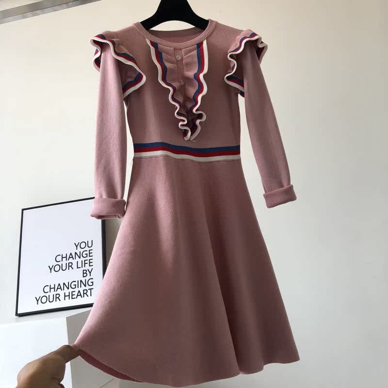 18 bầu không khí thanh lịch khâu dài tay A-Line váy mùa thu mới của Hàn Quốc phiên bản của búp bê cổ áo trong eo người đàn ông lớn ăn mặc nữ váy đầm xòe