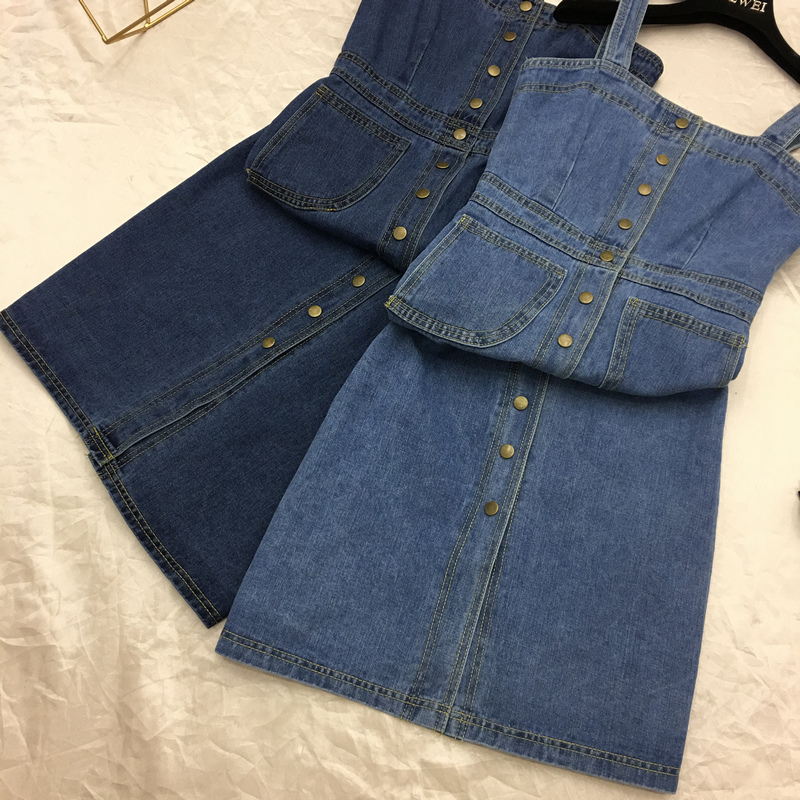2018 mùa xuân và mùa hè mới Han Fan lão hóa retro đơn ngực dress nữ mùa xuân eo cao là mỏng denim dây đeo váy 	váy hạ eo đuôi cá	
