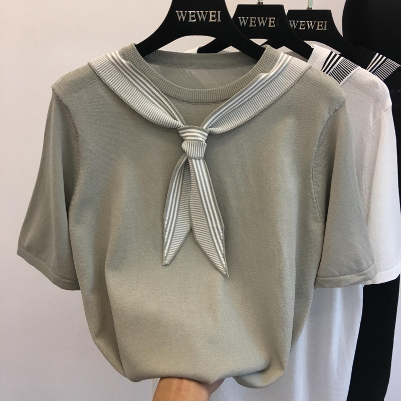 2018 mùa hè mới Han Fan phần mỏng lỏng quanh cổ là mỏng và làm mới ngắn tay tie t-shirt áo sơ mi nữ áo len áo len nữ