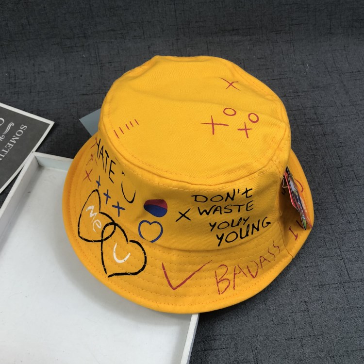 Yellow2020 new pattern Korean version flat roof chaos printing children Basin cap men and women baby tide Small hat spring and autumn Fisherman hat cotton