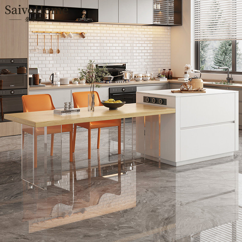 Island desk dining table integrated acrylic suspended feeling rock plate middle island table rectangular home light lavish dining table and chairs combined