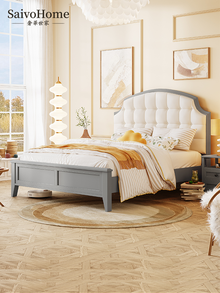 Light luxury full solid wood bed double master bedroom 18 meters simple bed princess high box bed American bed gray 15 meters large bed