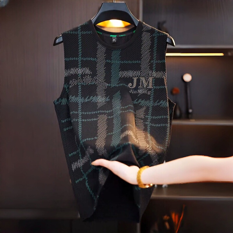 Light Luxury Men's Plaid Vest Summer New Trendy Sleeveless T-Shirt Ice Silk Sports Vest Top Light Luxury Men's Plaid Vest Summer New Trendy Sleeveless T-Shirt Ice Silk Sports Vest Top