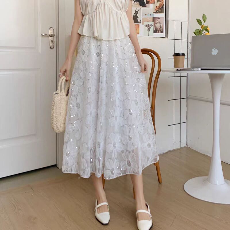 Elegant and Sophisticated Hollow-Out Sequin Mesh Skirt for Women, Large A-Line Skirt, Mid-Length Skirt for Petite Figures