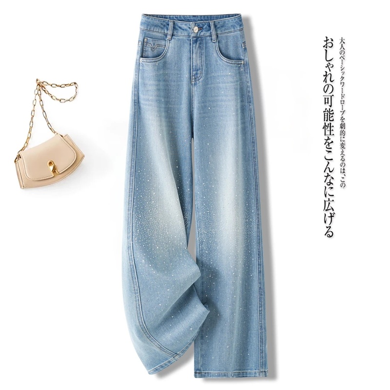 Light Blue Sparkling Star-Studded Rhinestone Straight-Leg Jeans for Women, 2026 Spring/Summer Thin Narrow Wide-Leg Pants for Petite Figures