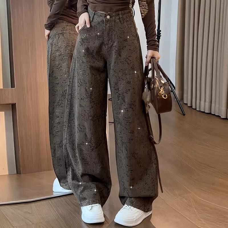 American-Style Sequin Jacquard Curved Hem Jeans for Women, 2026 Summer New Model, Starry Pattern, Niche High-Waisted Loose Wide-Leg Pants