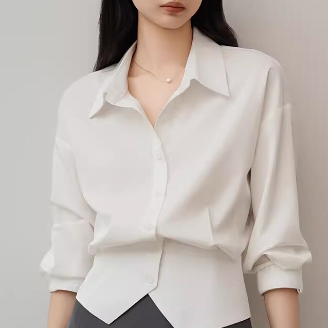 White Collared Shirt with Slit and Waist-Cinching Design for Women, Summer Professional Workwear, Long-Sleeve Slim-Fit Top