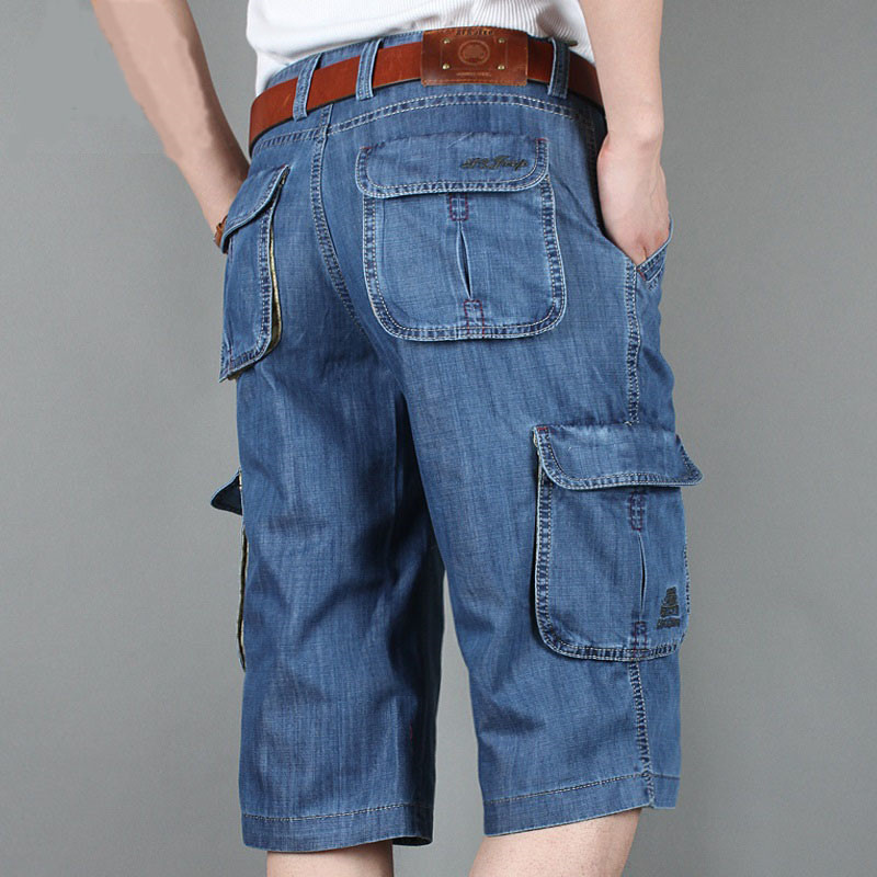 Men's Tactical Denim Shorts, Summer Military-Style Mid-Length Pants, Casual Multi-Pocket Loose Thin Seven-Point Pants