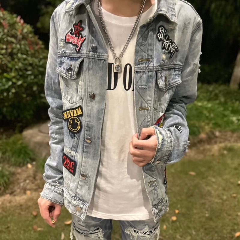 Light Luxury Jacket in Kuaishou Influencer Style with Medal Back Patch, Denim Jacket for Men, Blue Back Patch with Direct Spray Embroidery