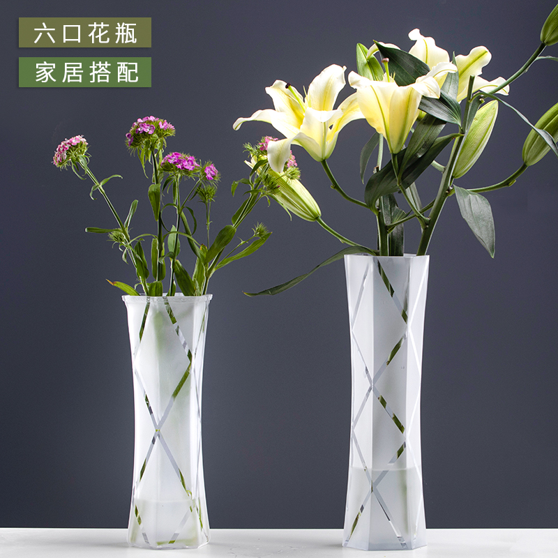 Creative large frosted transparent hexagonal glass vase Water peels rich and expensive Bamboo lily flowers Home Living room hem