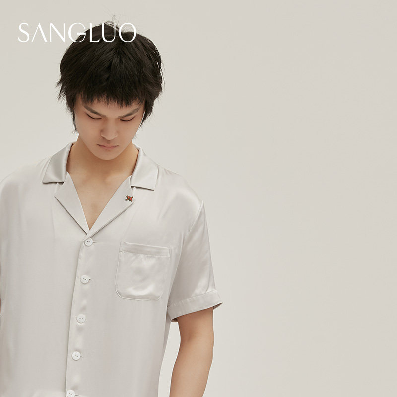Heavy 19 mmi silk short sleeve pajamas Outfits men SANGLUO solid color embroidered mulberry silk outside wear home clothing