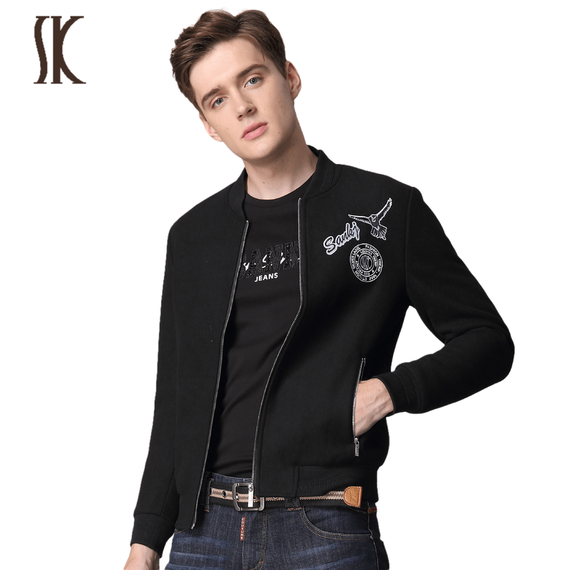 SK Male's Embroidered Logo Upright Collar Jacket Baseball Suit Men's Jacket Red Black Long Sleeve Casual American Ketchup