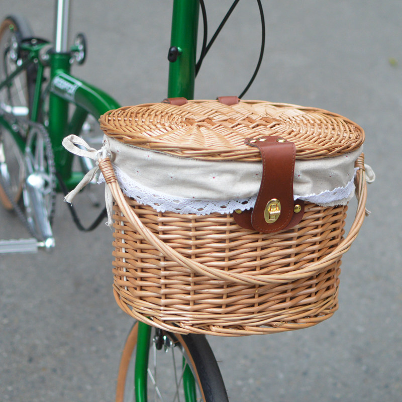 Brompton small cloth folding retro bicycle basket rattan cart basket cover vegetable basket storage basket