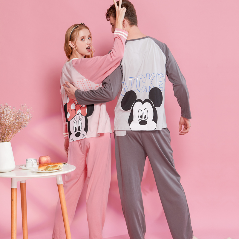 2025 New Couple Pajamas Spring and Autumn Pure Cotton Long-Sleeved 100% Cotton Cute Mickey Men's and Women's Home Clothes Can Be Worn Outside