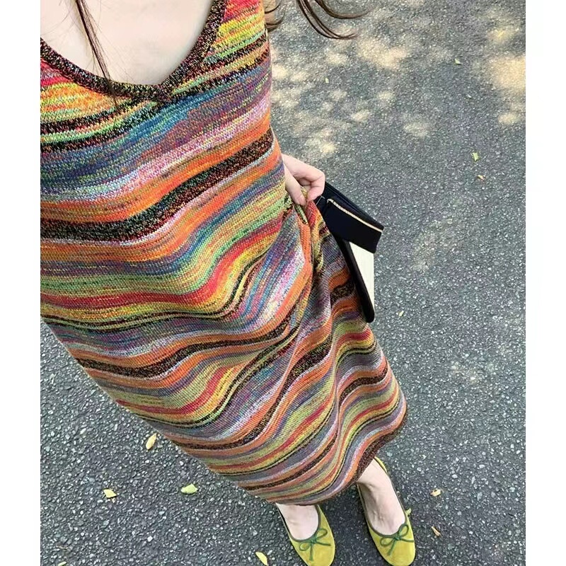 Amssa Counter 2026 Summer New Colorful Striped Knit Dress with Unique Design Niche Camisole Dress