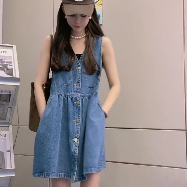 Gdamss New 2026 Summer Denim Vest Suspender Dress Petite High-Waisted V-Neck Tank Dress