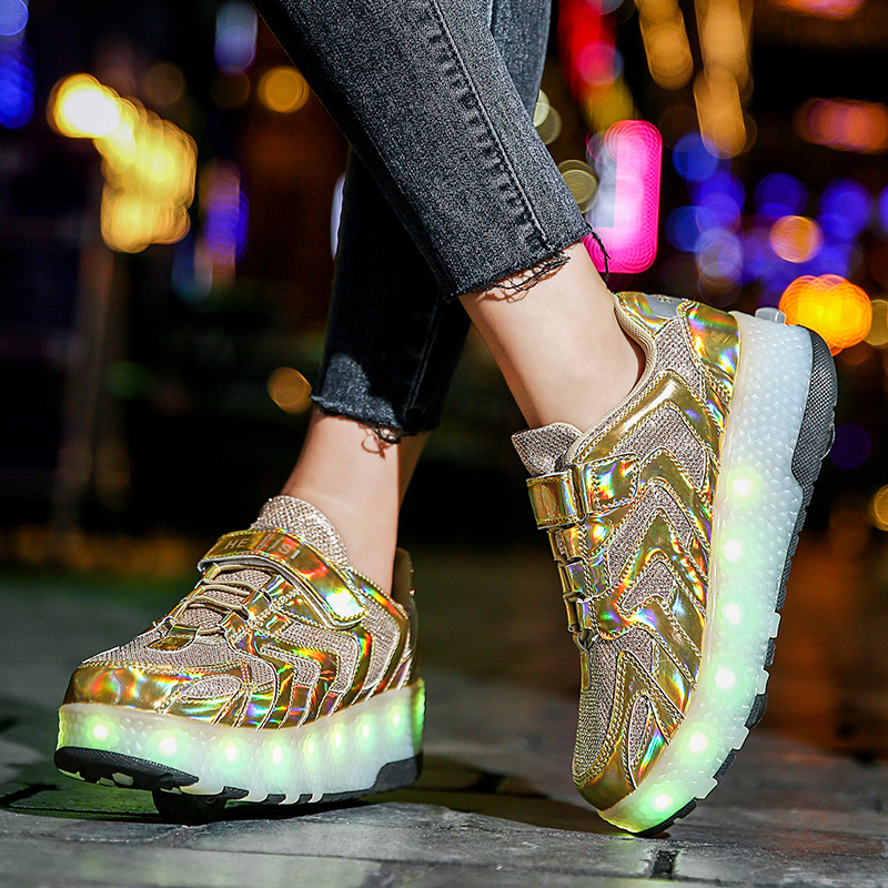 Walking shoes two-wheel four-wheel walking boys and girls burst walking shoes deformation shoes student pulley shoelace wheel shoes